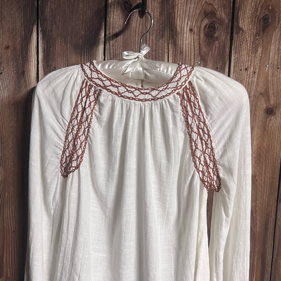Faherty Arles Brown Embroidered Peasant Blouse White Balloon Sleeve Boho Sz XS - Picture 10 of 12
